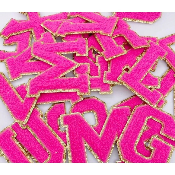 Mixed Lot of 15 Iron/Glue On 2” Chenille Letter Patch With Gold Glitter Trim - Picture 3 of 15